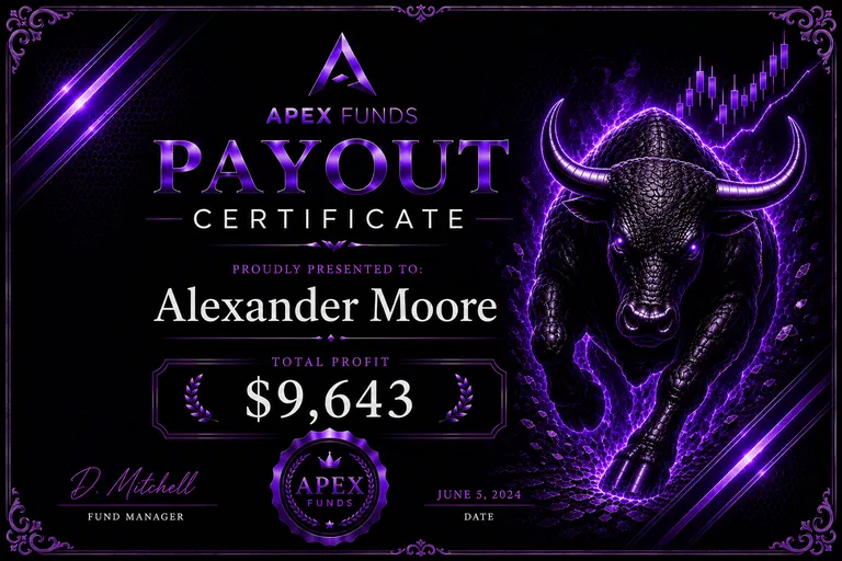 ApexFunds Payout Certificate — Alexander Moore — $9,643