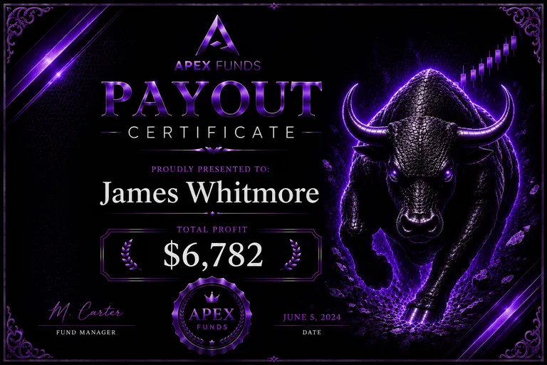 ApexFunds Payout Certificate — James Whitmore — $6,782