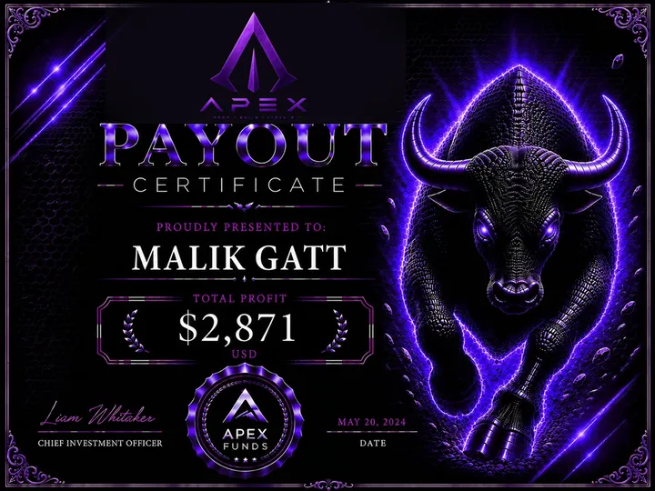 ApexFunds Payout Certificate — Malik Gatt — $2,871