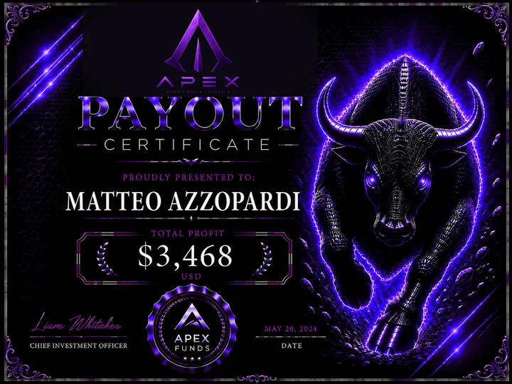 ApexFunds Payout Certificate — Matteo Azzopardi — $3,468