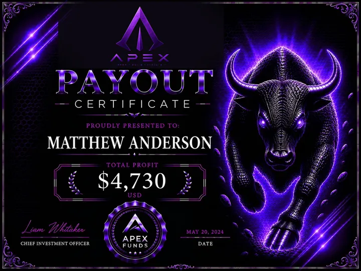 ApexFunds Payout Certificate — Matthew Anderson — $4,730