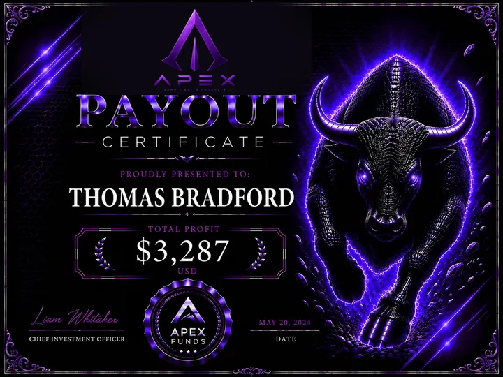 ApexFunds Payout Certificate — Thomas Bradford — $3,287